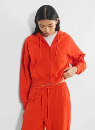 Sweat-shirt à capuche zippé boyfriend en molleton bouclé