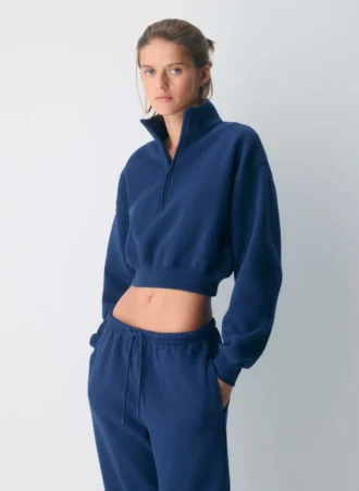 Sweat-shirt confortable en molleton boyfriend court à demi-zip